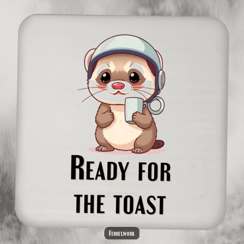 Funny kawaii office ferret wearing a coffee mug as a tiny helmet, looking ready, designed as a drink coaster.