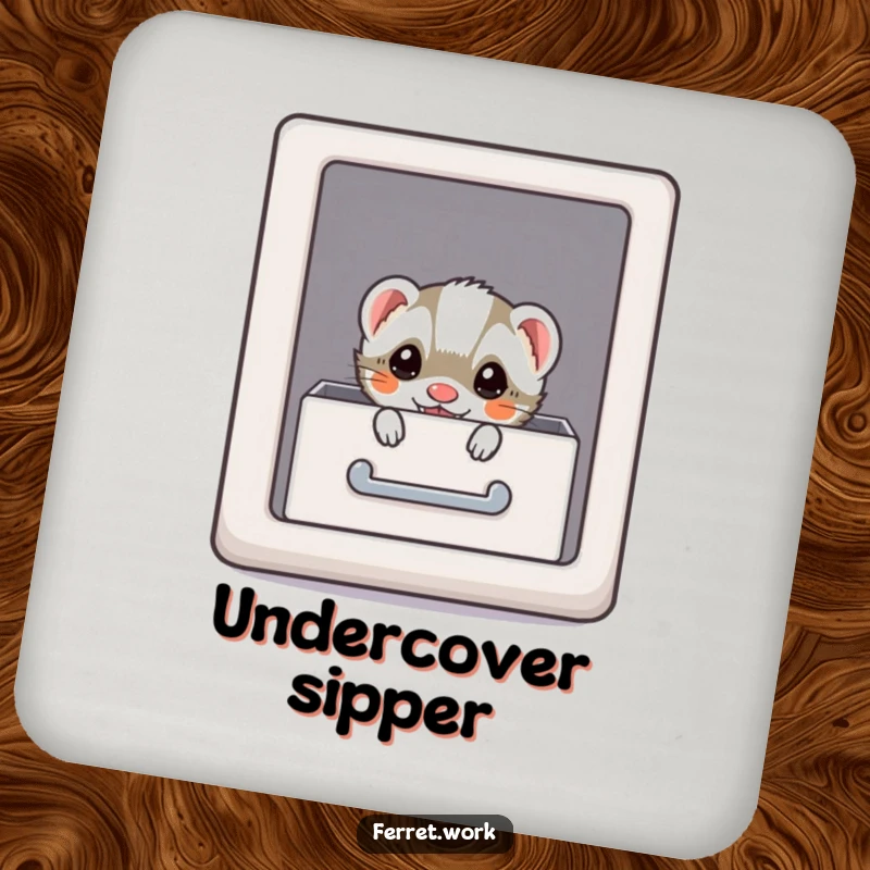 Funny kawaii office ferret hiding, a cute and humorous drink coaster for secret agents.