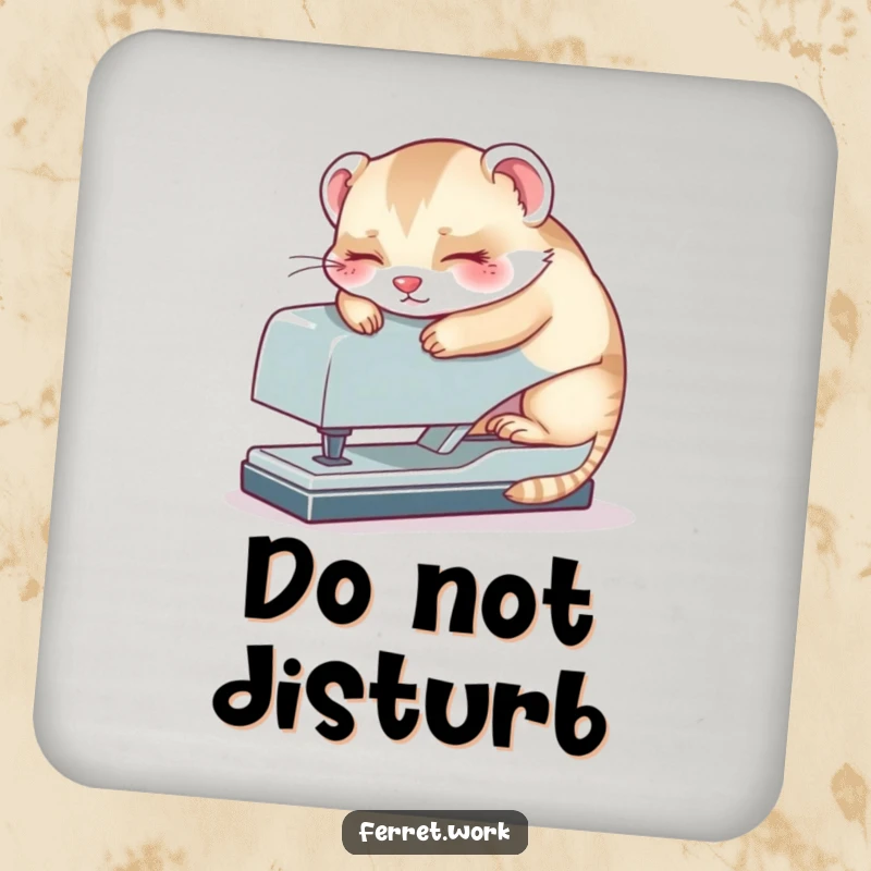 Funny kawaii office ferret napping on a stapler, a charming and humorous coaster to protect furniture.