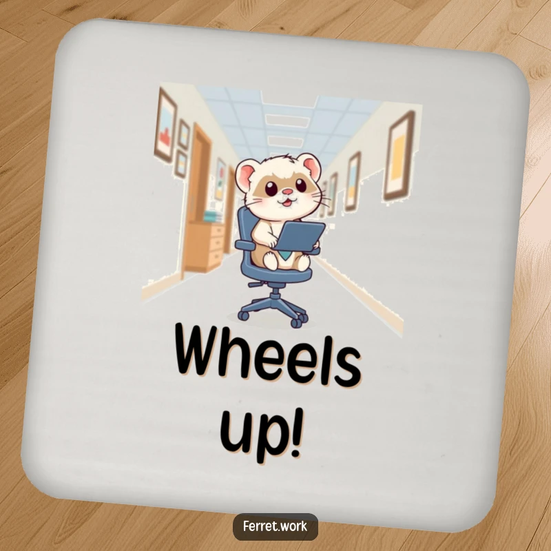 Funny kawaii office ferret zooming down an office hallway on a squeaky swivel chair, a humorous coaster design.