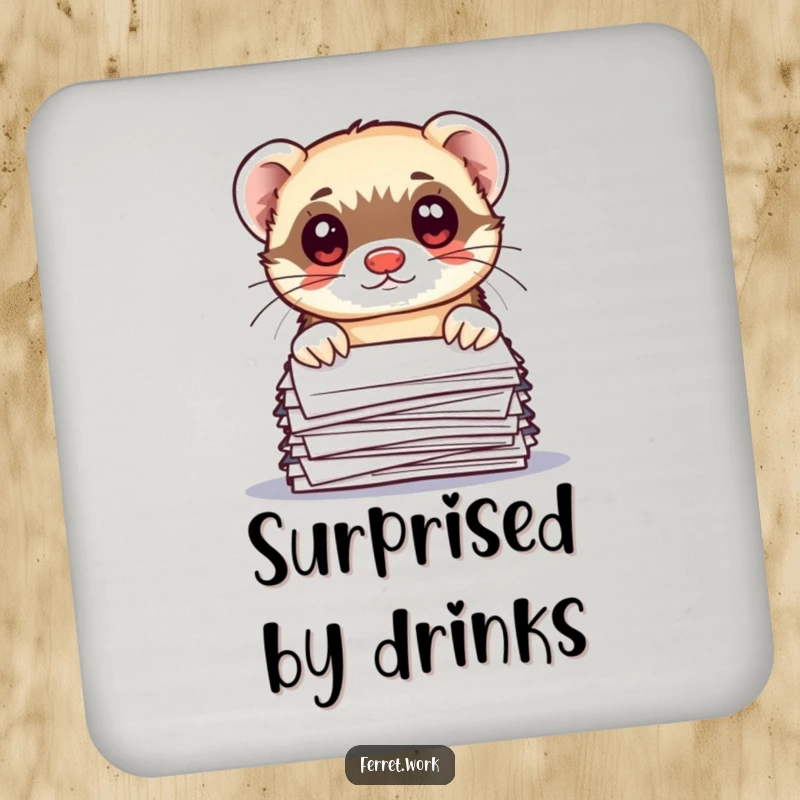 Funny kawaii office ferret peeking over papers with wide eyes, featured on a set of humorous drink coasters.