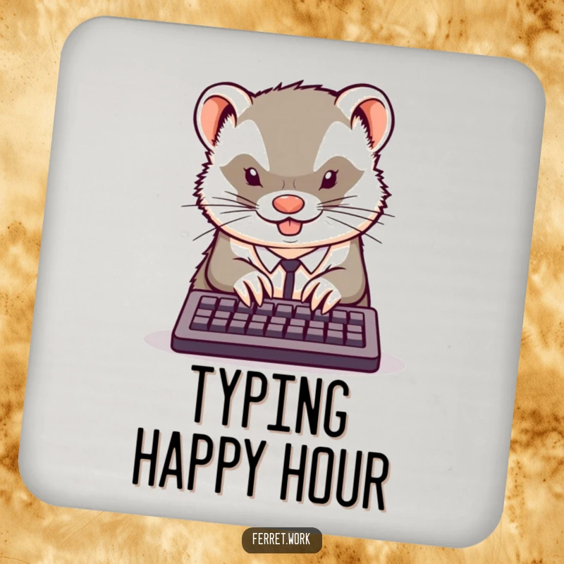 Funny kawaii office ferret typing furiously on a tiny keyboard, featured on a set of humorous drink coasters.