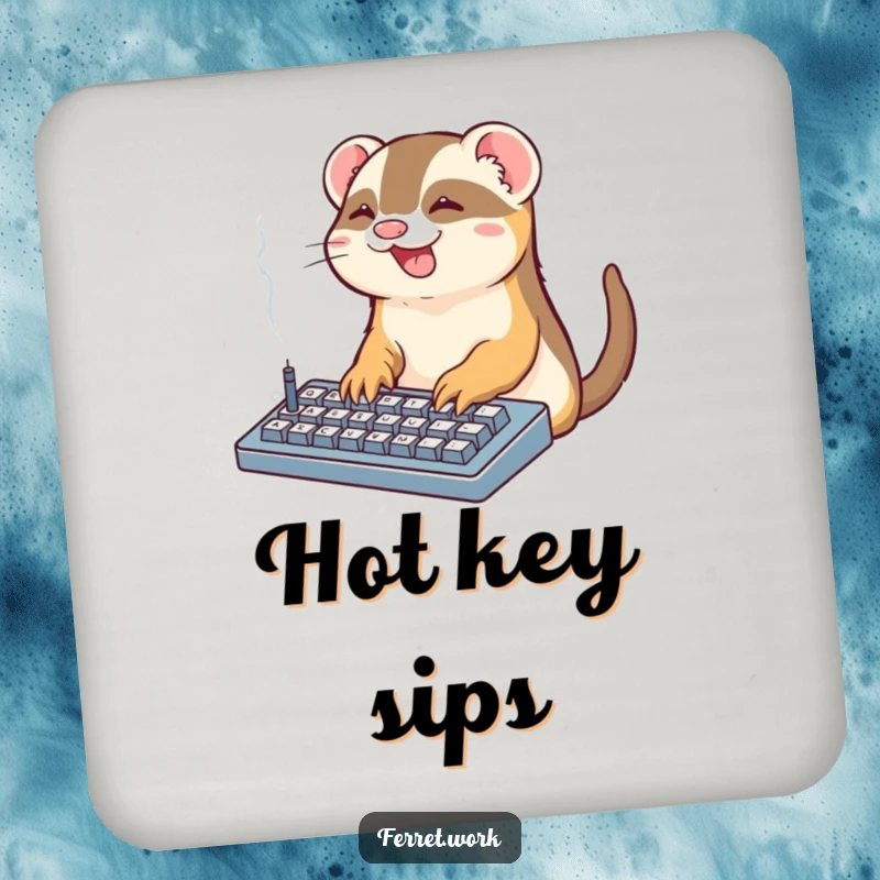 Funny Office Ferret Coaster: A kawaii ferret types on a smoking keyboard, a humorous and functional drink accessory.