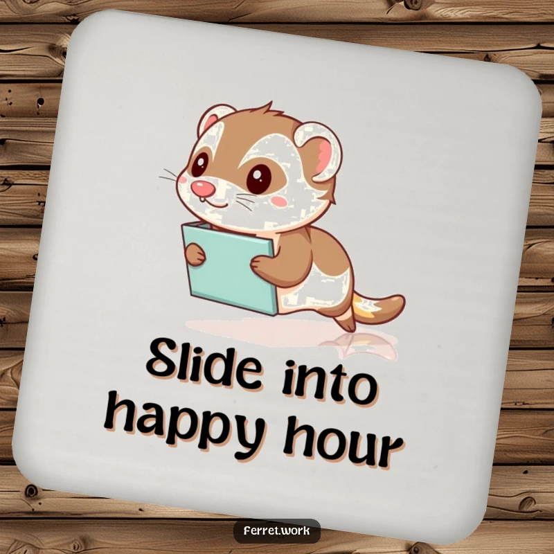 Funny Kawaii Office Ferret Coaster: A cute ferret comically slides on a file folder across a polished floor, adding office humor.