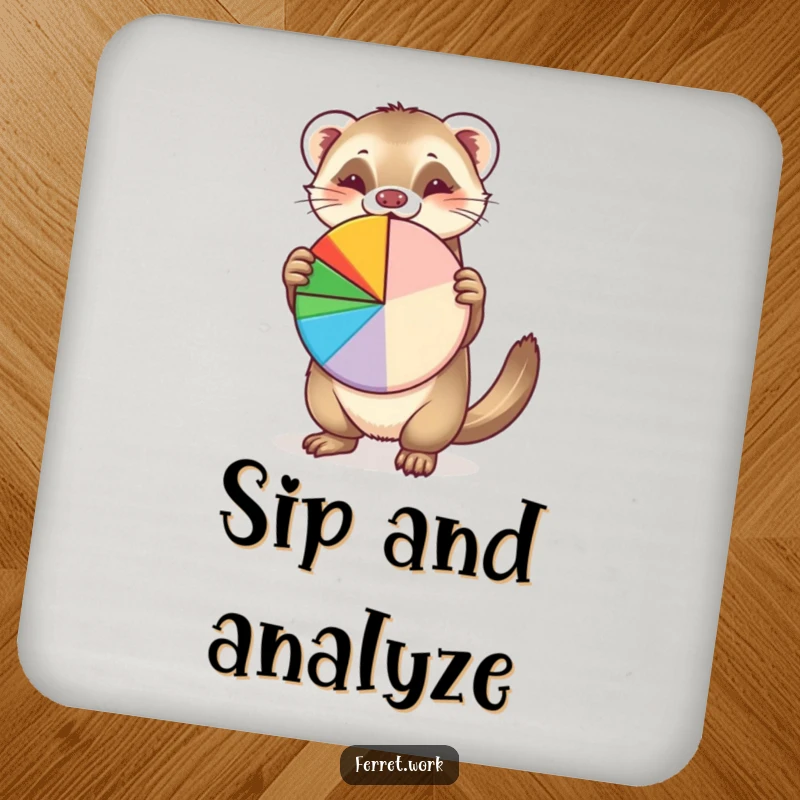 Funny drink coaster featuring a cute ferret enthusiastically presenting a colorful pie chart, protecting surfaces with humor.