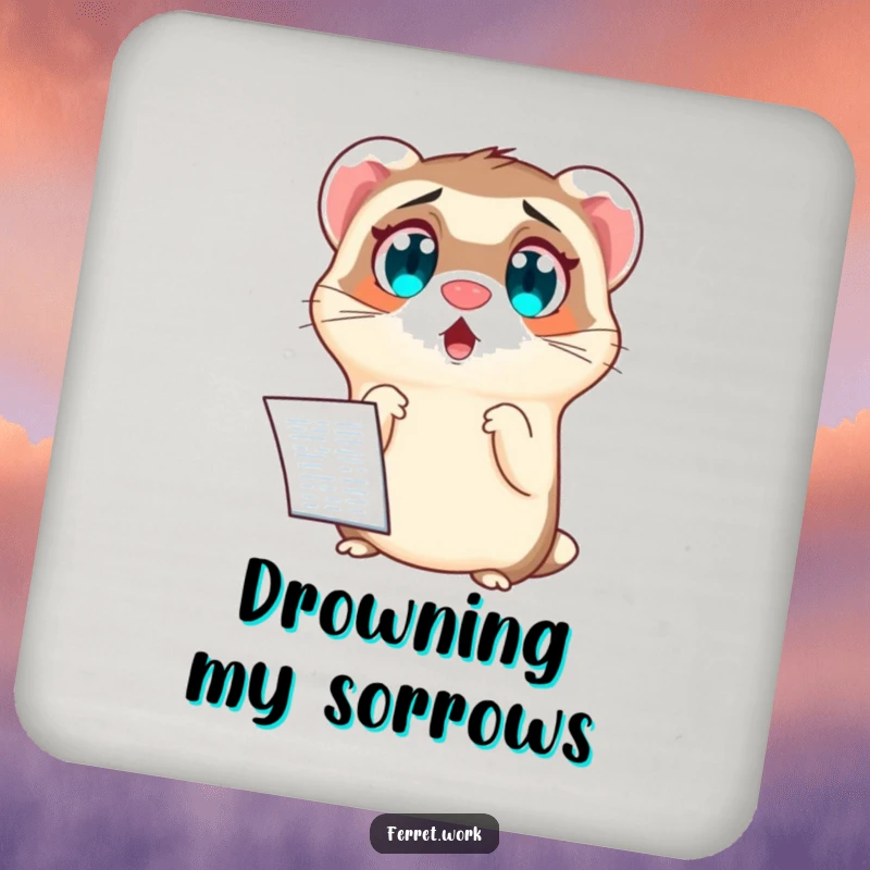 Funny drink coaster with a ferret’s comically wide eyes, appearing shocked by a spreadsheet. Office accessory.