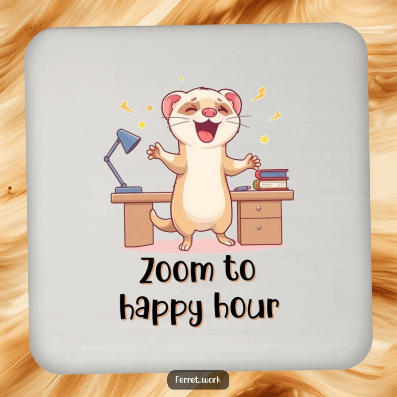 Funny drink coaster featuring an energetic ferret doing zoomies around a desk, perfect for protecting surfaces with humor.