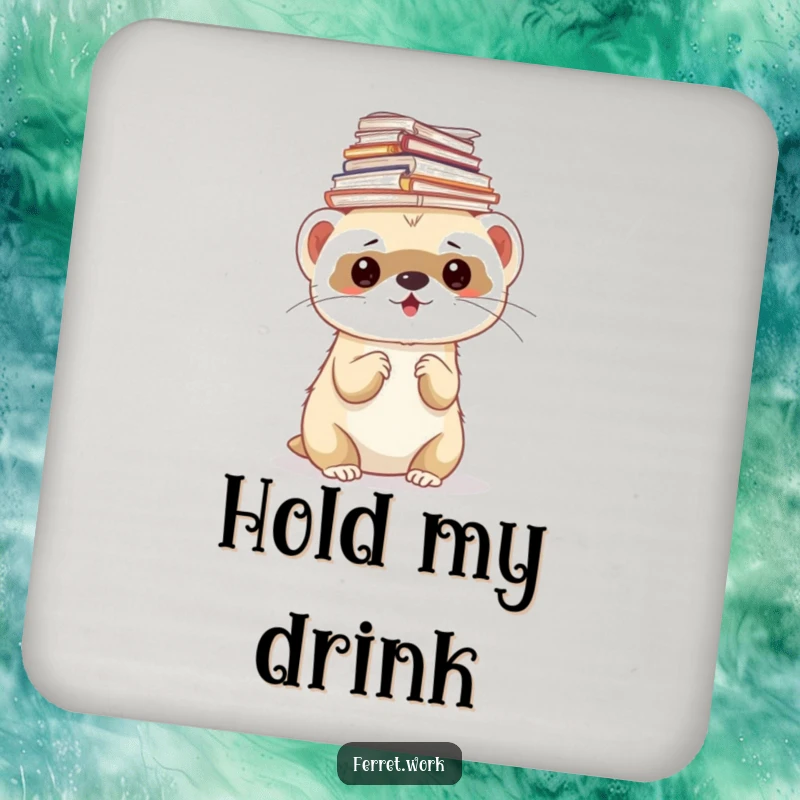 Funny ferret coaster featuring a ferret balancing a stack of papers on its head, protecting surfaces with humor.