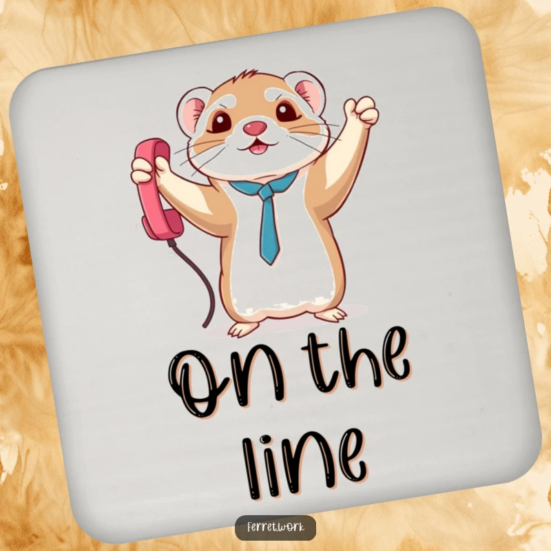 Funny triumphant kawaii office ferret holding a phone cord, a humorous and practical drink coaster.
