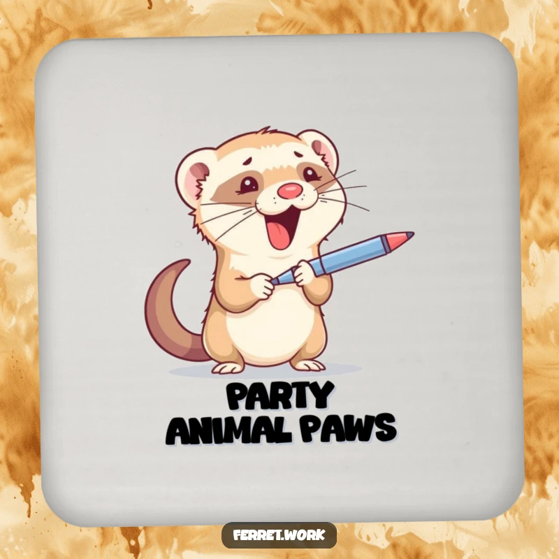 Funny coaster: A busy ferret juggling office supplies, preventing drink rings with a humorous, determined expression.