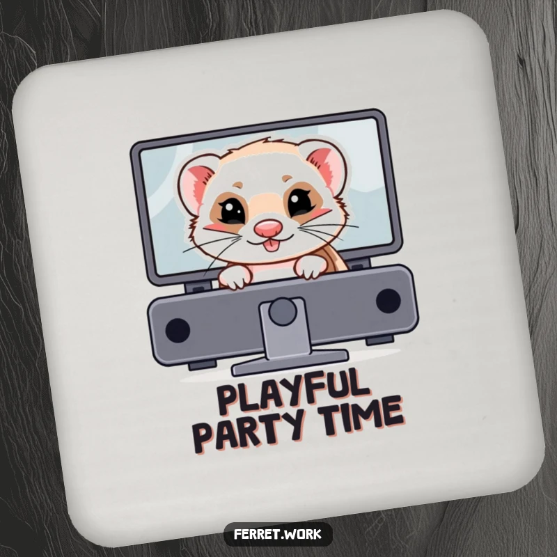 Funny ferret coaster showing a mischievous ferret hiding behind a computer monitor. Protects furniture humorously.