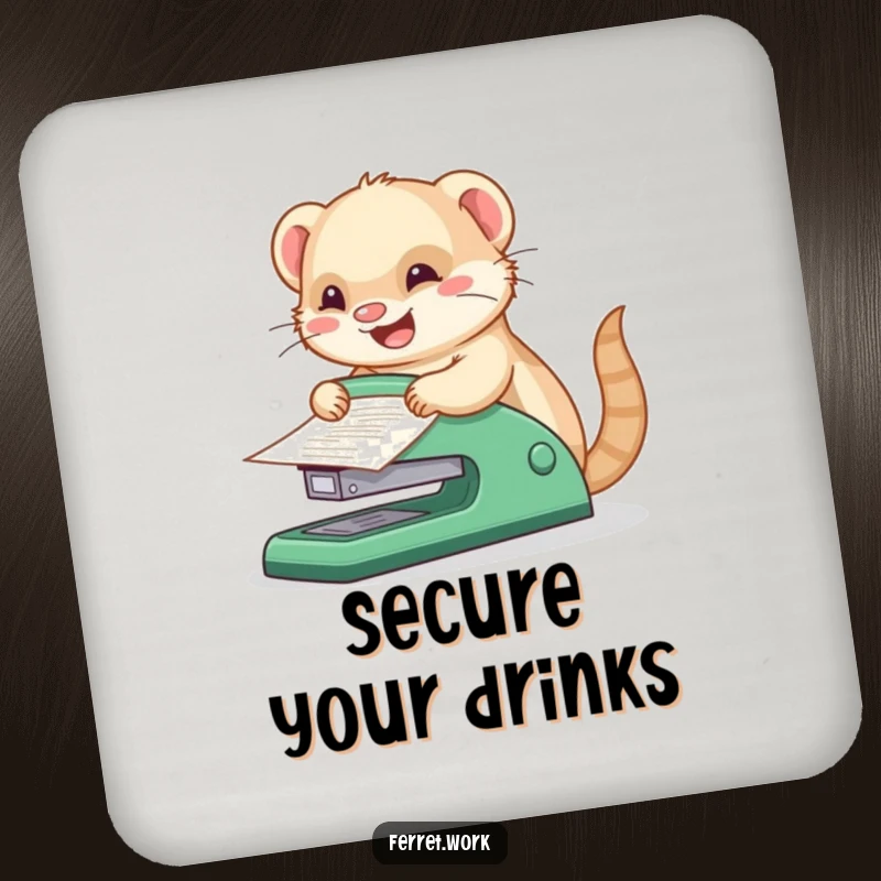 Funny kawaii office ferret joyfully stapling papers with a comically large stapler, a humorous coaster design.