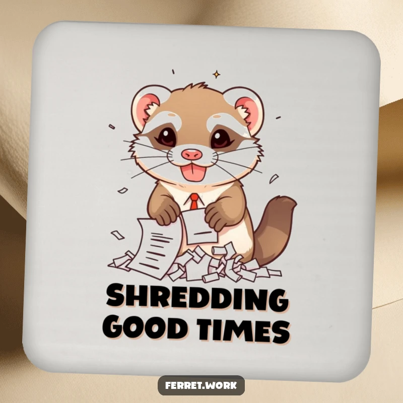 Funny kawaii office ferret with a mischievous grin, shredding documents, designed as a protective drink coaster.
