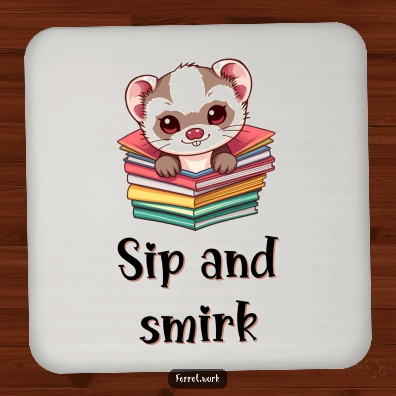 Funny kawaii ferret coaster, a mischievous cute ferret peeking from colorful folders, offering surface protection with adorable humor.