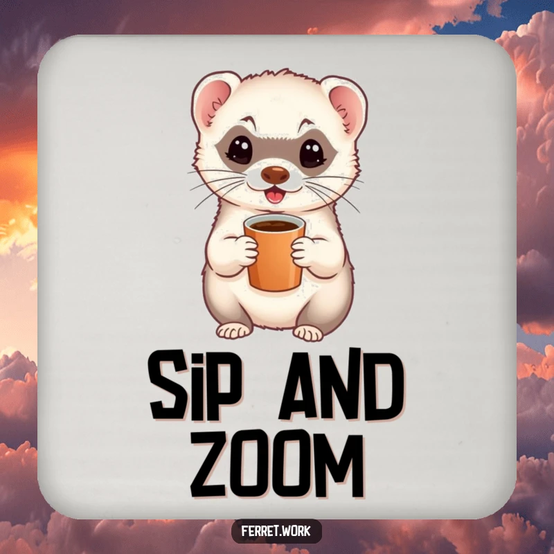 Funny drink coaster featuring an energetic ferret holding a small coffee cup, adding a cheerful vibe.