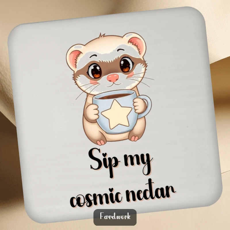 Funny Ferret Drink Coaster showcasing a curious ferret holding a star-shaped coffee mug, protecting surfaces with humor.