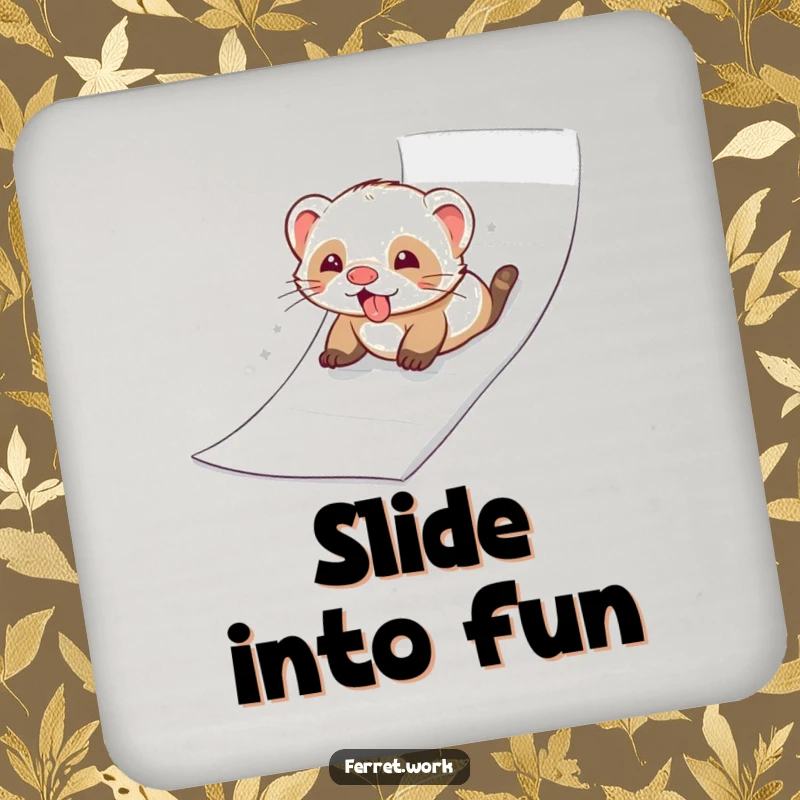 Ferret joyfully sliding down a ream of paper like a slide, on a humorous and protective drink coaster.