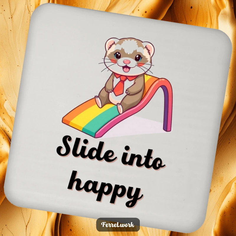 Funny ferret coaster, a ferret in a tie sliding down a rainbow office slide, offering surface protection with whimsical humor.