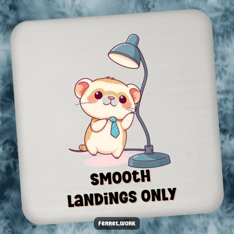 Funny kawaii office ferret wearing a tiny tie, sliding down a desk lamp cord, designed as a drink coaster.