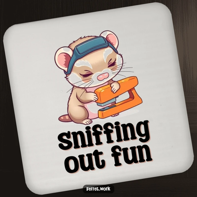 Ferret wearing a headlamp, curiously sniffing a stapler, on a humorous and protective drink coaster.