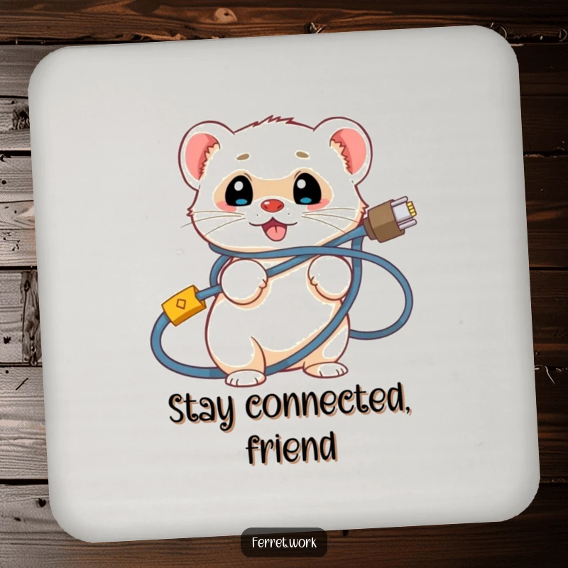 Funny ferret drink coaster showing a smiling ferret hilariously tangled in computer network cables. Protects surfaces with humor.