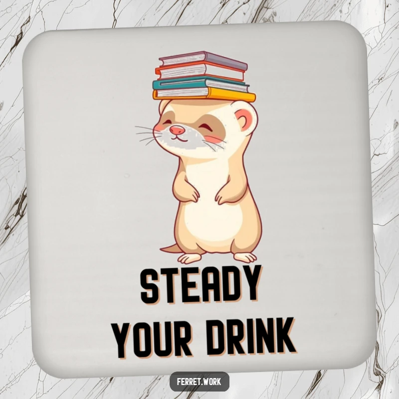 Funny ferret coaster showing a ferret balancing a stack of files on its head. Protects furniture humorously.