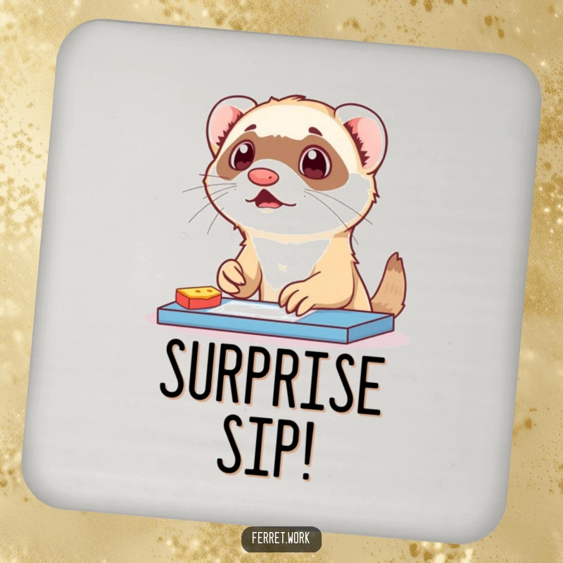 Funny ferret coaster showing a surprised ferret caught snacking at a desk. Protects furniture humorously.