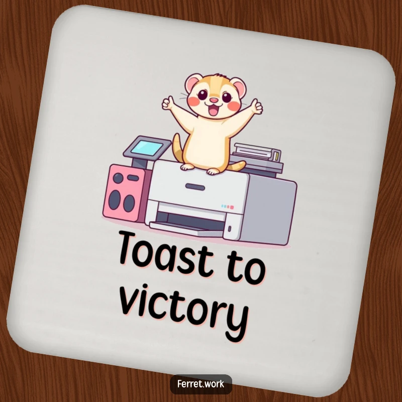 Funny kawaii office ferret doing a silly victory dance on top of a printer, a humorous coaster design.