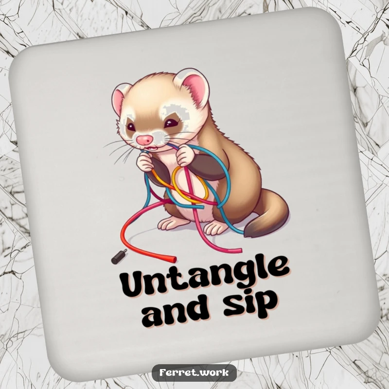 Funny drink coaster featuring a ferret playfully untangling a colorful mess of wires, adding a touch of chaotic charm, funny gift.