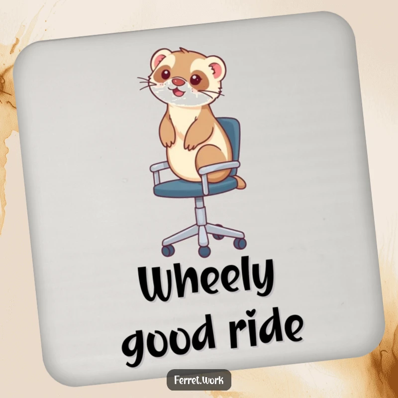 Funny drink coaster showing a ferret riding an office chair, a humorous addition to any table setting.