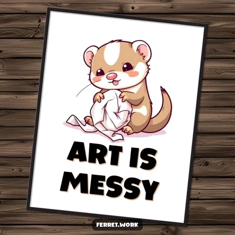 Funny kawaii office ferret in a delightful mess of crumpled paper, perfect humorous wall art poster.