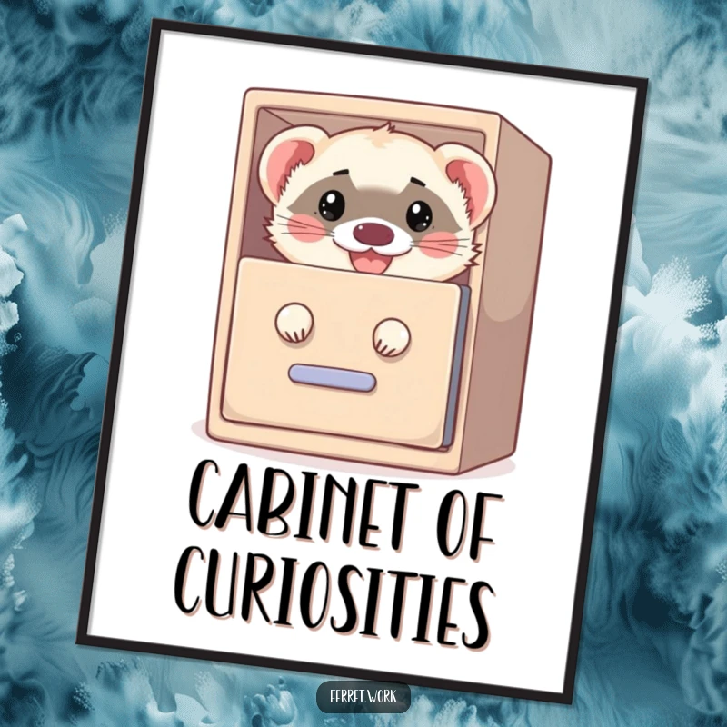 Funny poster art of a mischievous ferret peeking from a filing cabinet with a grin, adding humor to wall decor.
