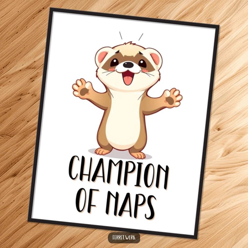 Funny Ferret Poster of a cute ferret with all paws up in the air, triumphantly celebrating a goal with a joyful squeak.