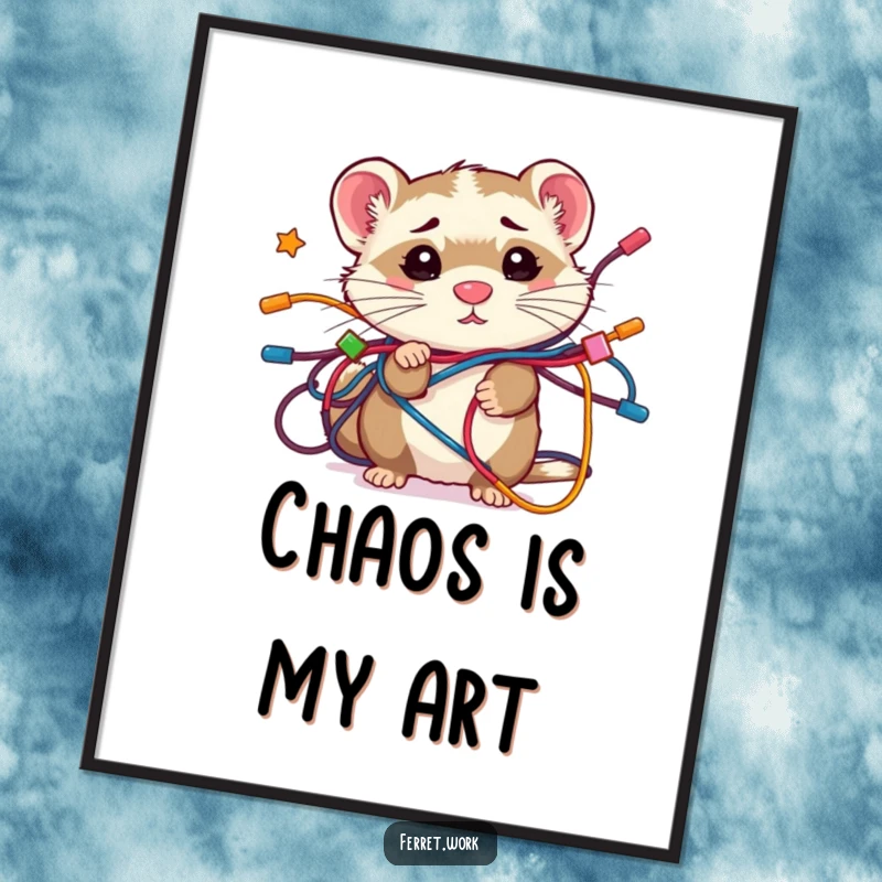 Funny confused kawaii office ferret ensnared in colorful electronic cables, a humorous and artistic wall decoration.