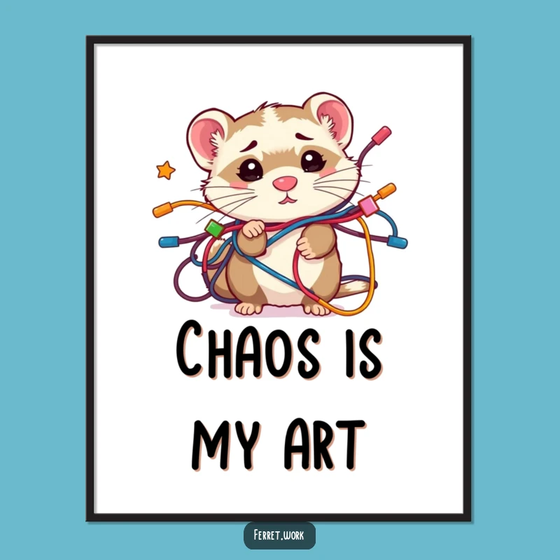 Funny Confused Kawaii Ferret Wire Tangle Poster, Hilarious Decor for Tech Lovers