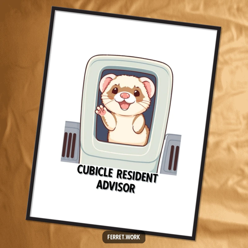 Funny poster: A charming ferret peeking out from behind a cubicle, offering a happy and friendly wave.
