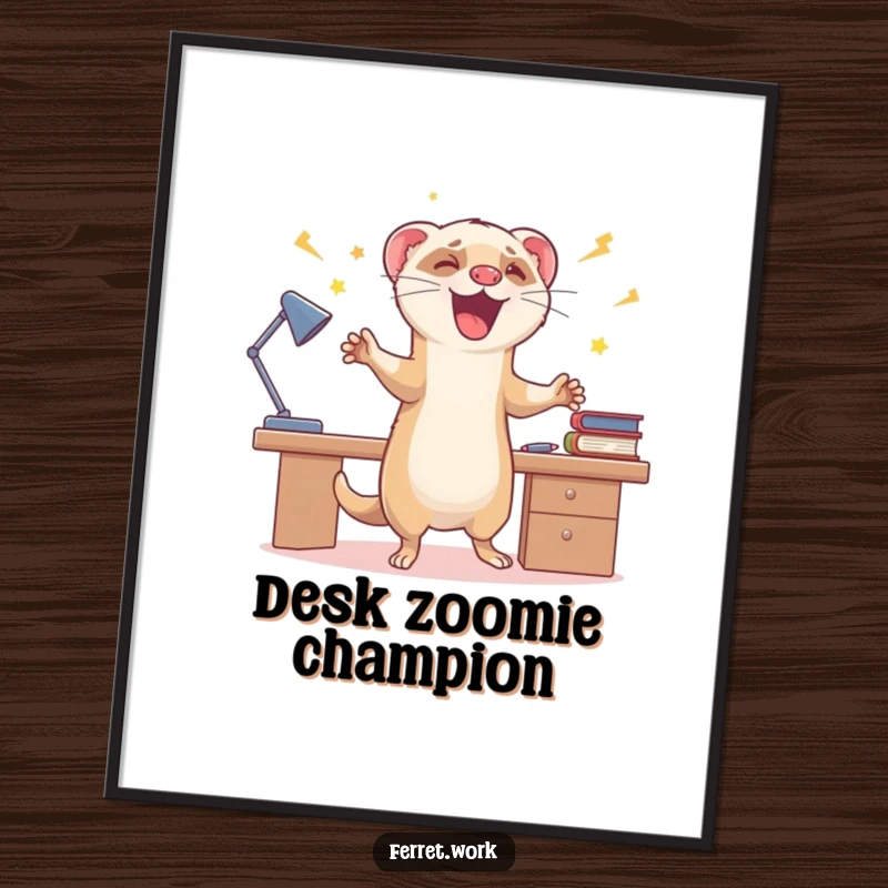 Funny poster art of an ecstatic ferret doing rapid zoomies around a desk, capturing the essence of pure, unbridled celebration.