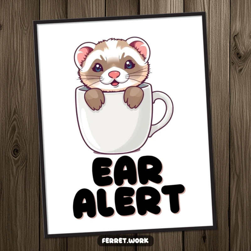 Funny poster featuring a ferret hiding inside a coffee mug, with only its ears peeking out, a humorous and adorable scene.