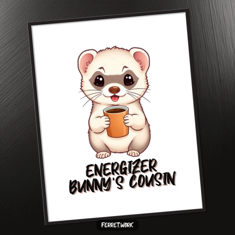 Funny poster displaying an animated ferret holding a miniature coffee cup, full of vibrant energy and ready to conquer.