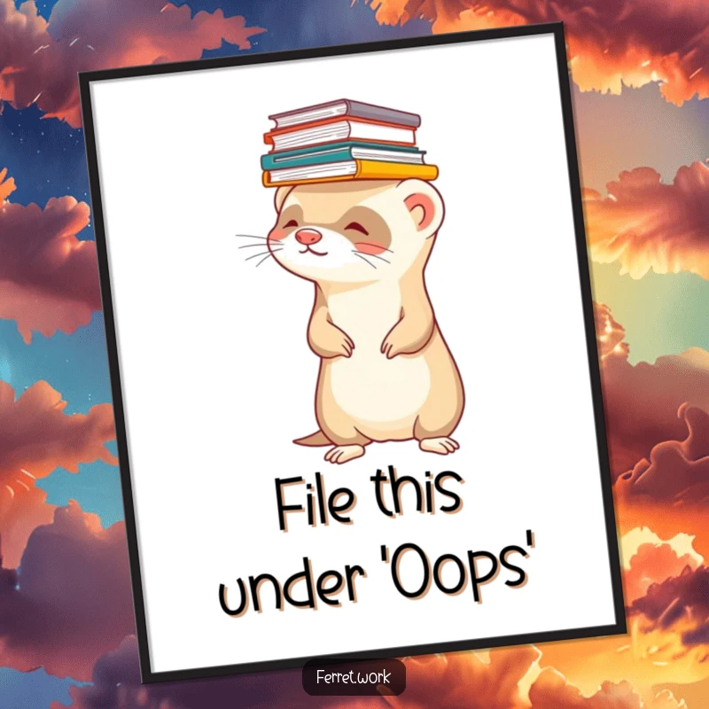 Funny ferret poster of a ferret precariously balancing a stack of files on its head. Humorous office art.