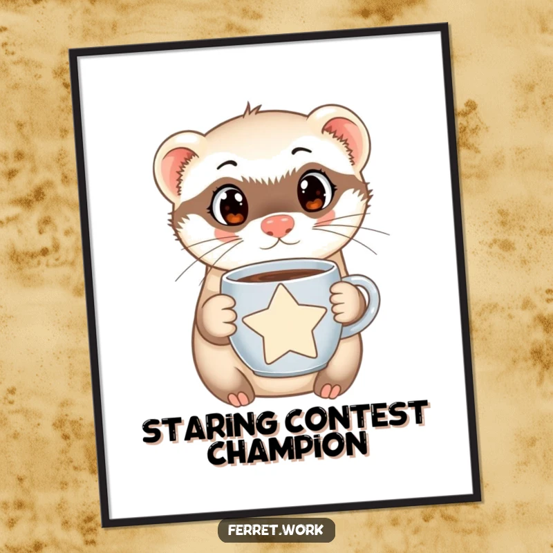Funny Ferret Poster featuring a wide-eyed ferret holding a star-shaped coffee mug, bringing whimsical charm and humor to wall art.