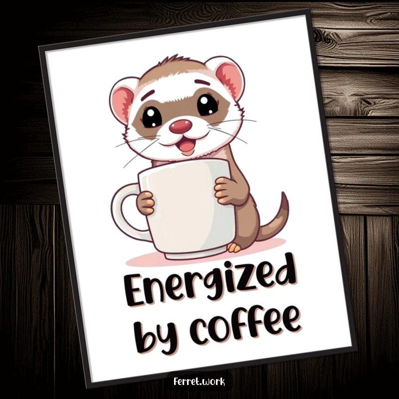 Funny ferret poster of an energized ferret holding a giant coffee mug, perfect morning wall decor.