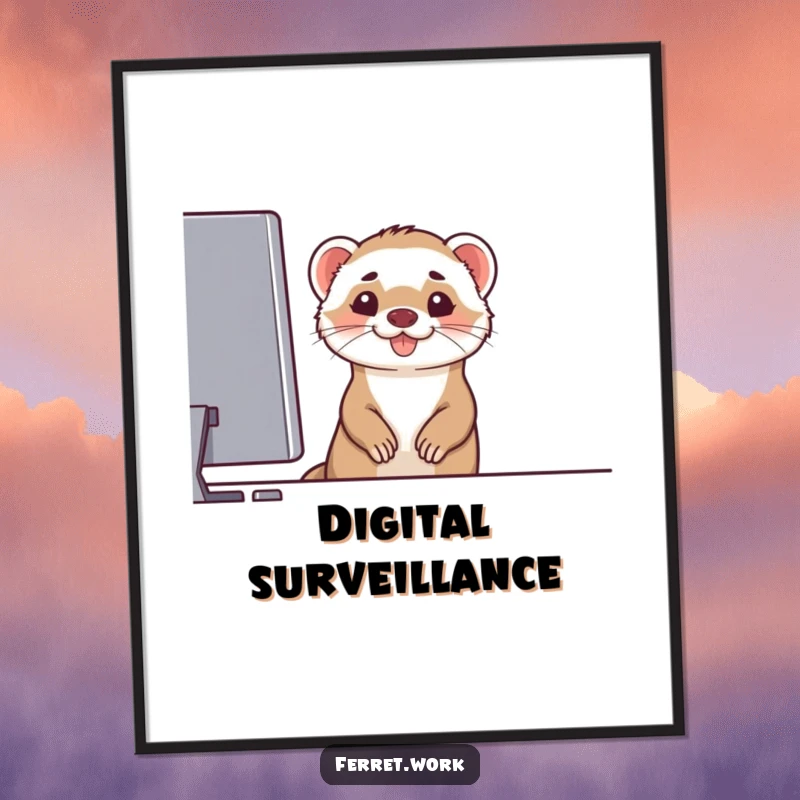 Funny poster print of a ferret peeking over a computer monitor with a broad grin, adding playful tech humor to decor, funny gift.