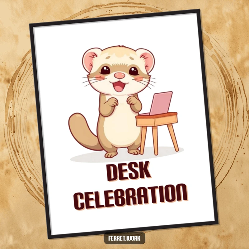Funny poster showing a ferret doing a happy dance at a small desk, perfect for humorous, energetic wall art.