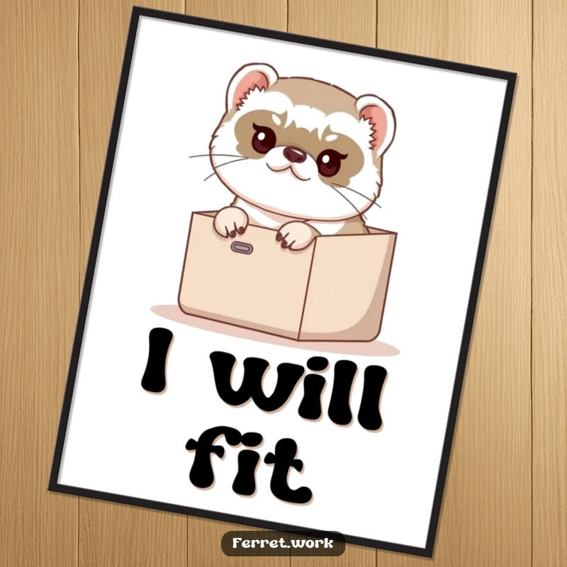Funny Poster: A determined ferret humorously trying to fit into a tiny inbox, perfect for quirky wall art.