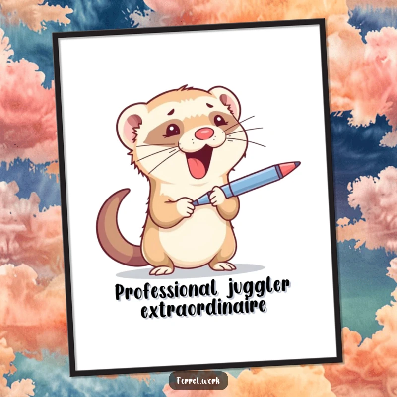 Funny poster: An energetic ferret juggling office items like a pen and stapler, adding a touch of whimsical humor.