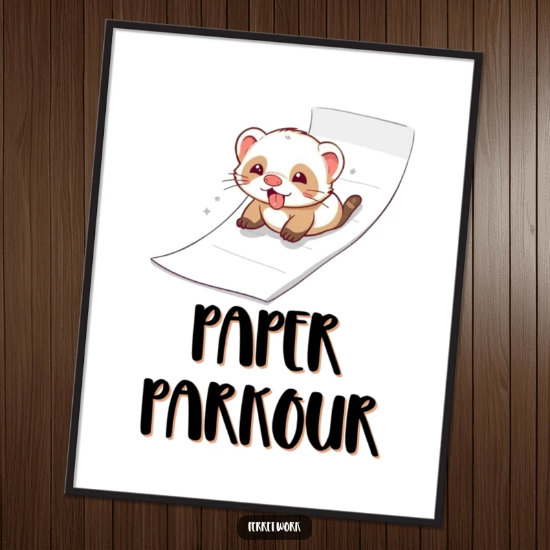 Funny ferret joyfully sliding down a ream of paper like a slide, presented as humorous wall art.