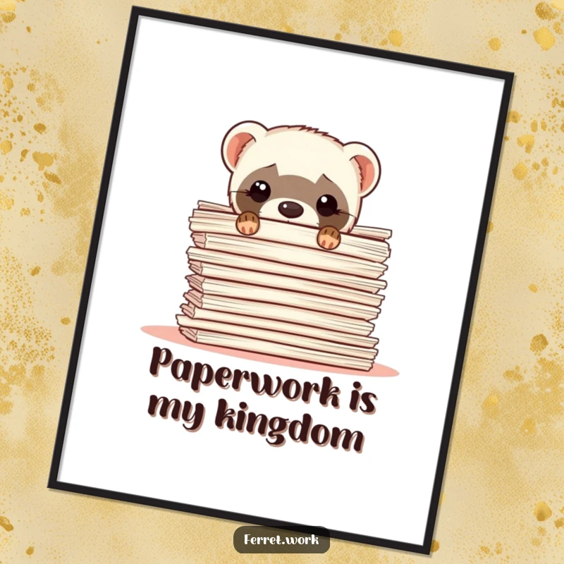 Funny ferret poster of a ferret peeking out from behind a huge stack of papers, relatable office art.