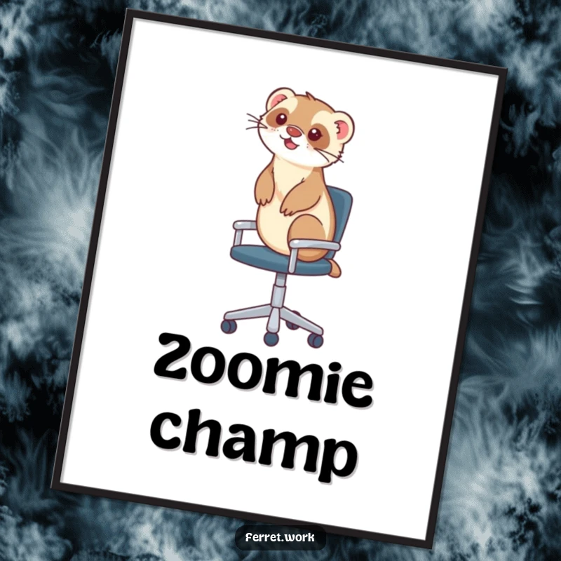 Funny poster illustrating a ferret's exhilarating ride on a rolling office chair, capturing motion and humor.
