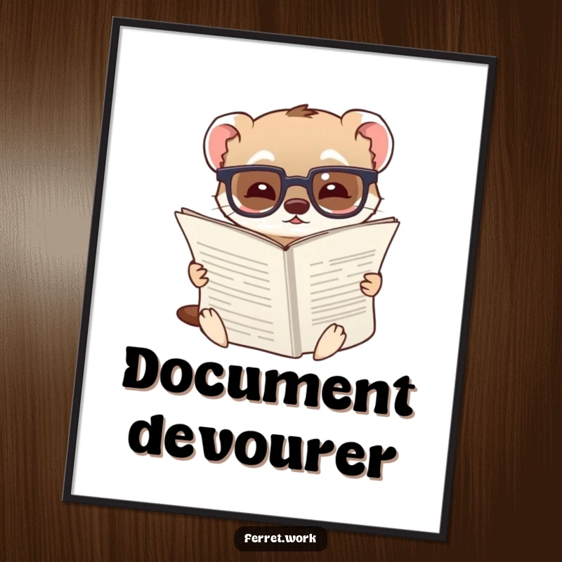 Funny poster featuring a ferret wearing glasses, amused by a very large document, conveying a humorous intellectual vibe.